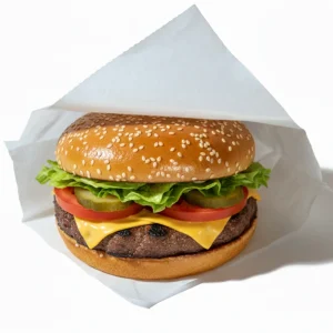 Porta hamburguesas de papel antigrasa blanco 15x15 cm, empaque biodegradable para comida rápida.