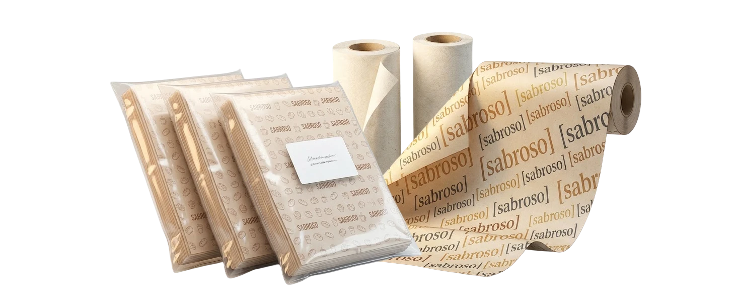 Rollo de papel antigrasa biodegradable impreso con patrón personalizado y paquetes sellados de láminas listas para entrega — Bio Papel Antigrasa Bogotá