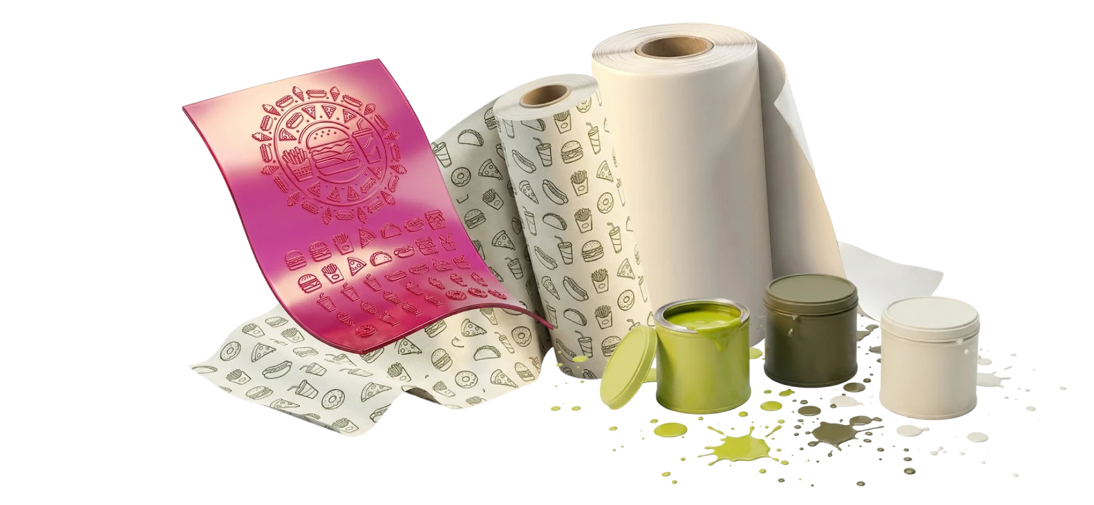 Cirel flexográfico, rollos de papel antigrasa biodegradable con logo impreso y tintas de impresión, materiales del proceso de personalización de Bio Papel Antigrasa