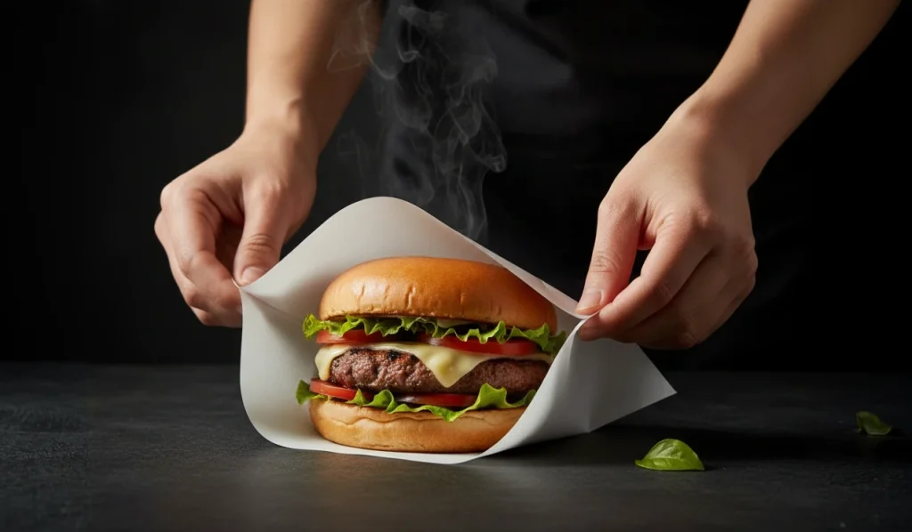 Papel antigrasa vs papel kraft: hamburguesa envuelta en papel antigrasa biodegradable Bio Papel