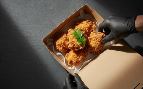 Pollo frito empacado en caja con papel antigrasa biodegradable